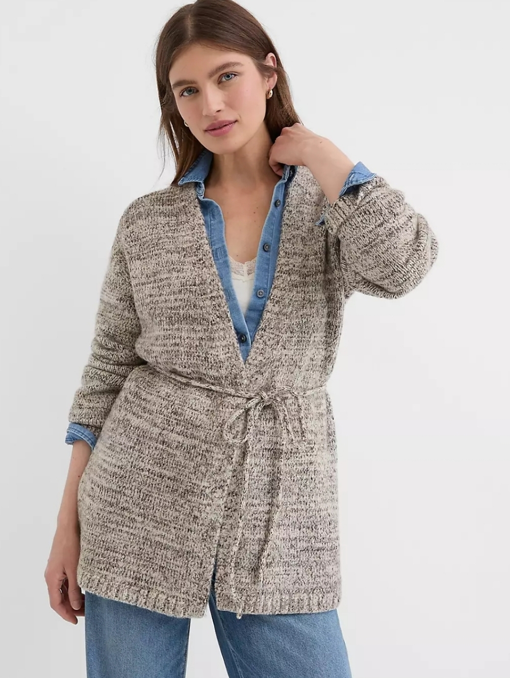 LOFT Large Petite Marled Belted Cozy Sweater